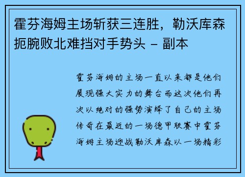 霍芬海姆主场斩获三连胜，勒沃库森扼腕败北难挡对手势头 - 副本