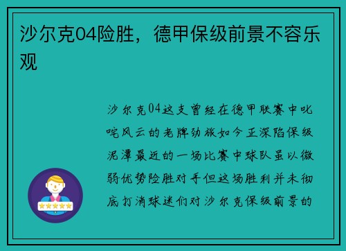 沙尔克04险胜，德甲保级前景不容乐观