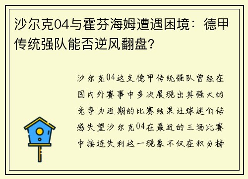 沙尔克04与霍芬海姆遭遇困境：德甲传统强队能否逆风翻盘？